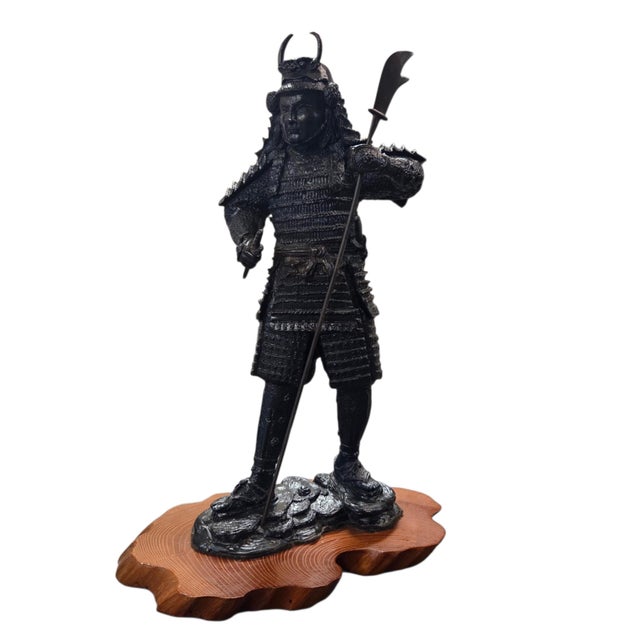 Late 20th Century Japanese Samurai Bronze Tone Warrior Sculpture on Custom Wood Base 18" For Sale - Image 5 of 15