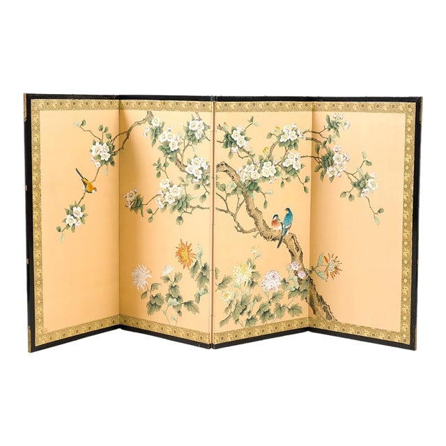 Mid 20th Century Japanese Four-Panel Hand-Painted Silk Byōbu Screen With Birds & Blossoms For Sale