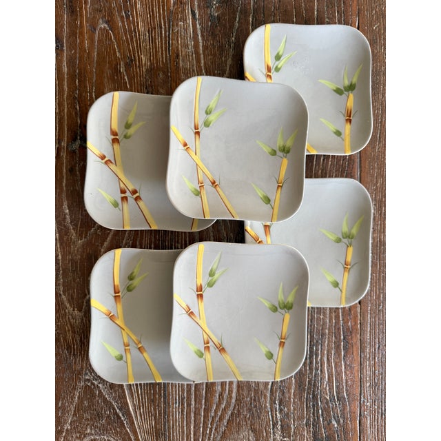 Set of 6 (6) vintage Weil Ware California square plates featuring a hand-decorated bamboo design in warm yellow, brown and...