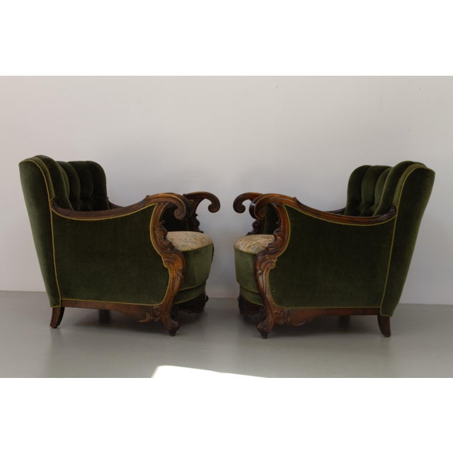 1920s Danish Carved Lounge Chairs in Green Velvet, 1920s, Set of 2 For Sale - Image 5 of 18