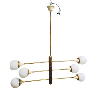 Mid-Century Brass Chandelier with 6 Opaline Spheres, Italy, 1960s For Sale
