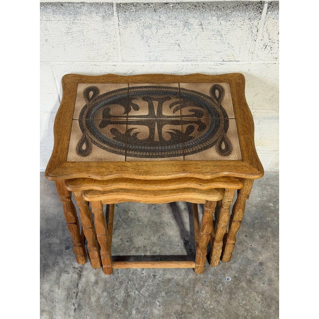 Wood Oak Ceramic Tile-Top Nesting Tables Set of 3 With Spindle Legs Traditional Vintage For Sale - Image 7 of 10