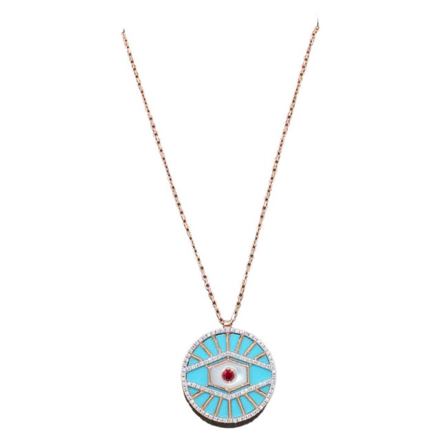 Diamond Halo Evil Eye Turquoise 18K Rose Gold Pendant Charm Medallion Necklace Turquoise Gemstone (Around 5 Carats) Mother...