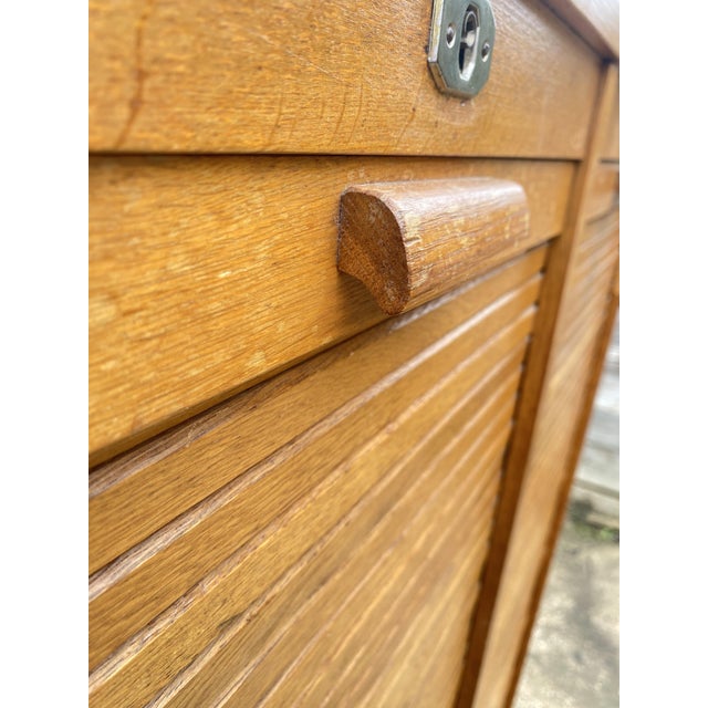 Industrial Oak Double Column Roll-Top Filing Cabinet, 1950s For Sale - Image 3 of 18