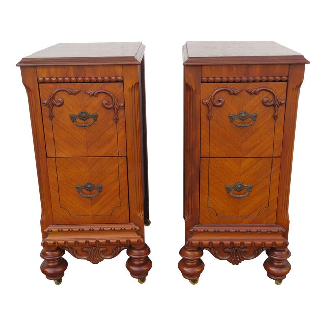 Early 1900s Carved Tall Nightstands End Side Bedside Tables a Pair For Sale