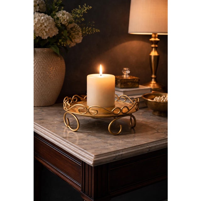 Vintage Hollywood Regency Gold Metal Scroll Catchall Tray / Candle Stand For Sale - Image 4 of 5