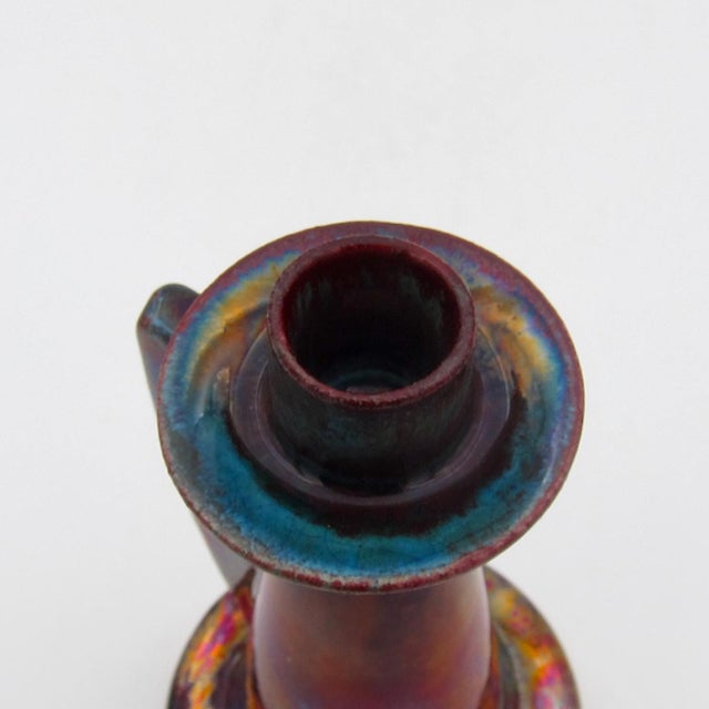 Antique Red Metallic Lustre Art Pottery Candle Holder With Gold and Blue Accents For Sale - Image 11 of 12