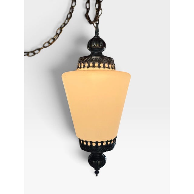 1960s Vintage Hollywood Regency Milk Glass & Antiqued Brass Plug-in Swag Lamp For Sale - Image 5 of 9