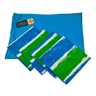 Mid-Century Vera Blue & Green Placemat & Napkin Set for Four, Original Tags For Sale