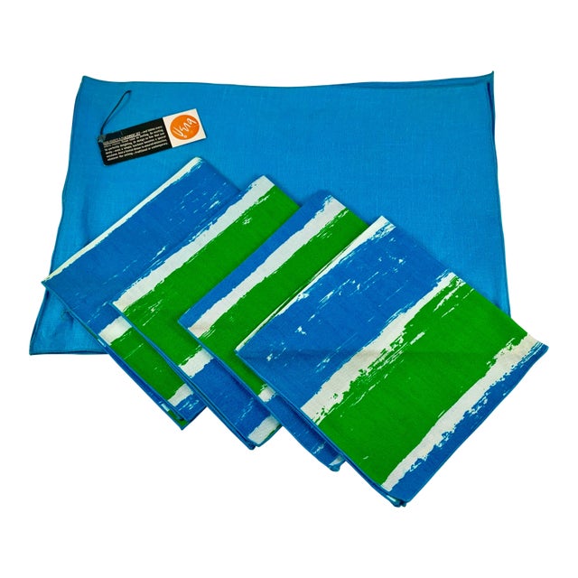 Mid-Century Vera Blue & Green Placemat & Napkin Set for Four, Original Tags For Sale