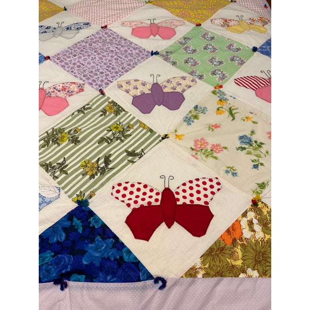 Vintage Butterfly Handmade Quilt For Sale - Image 6 of 12