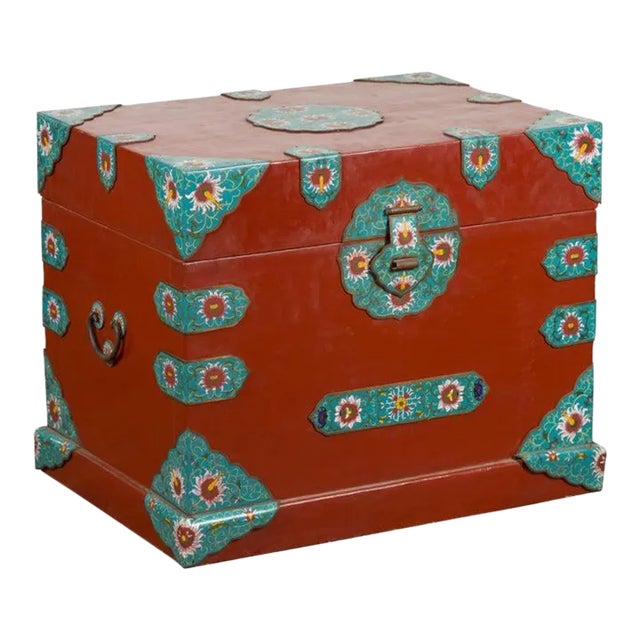 Vintage Chinese Blanket Chest with Red Lacquer & Cloisonné Floral Décor For Sale