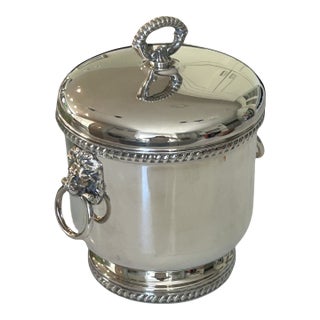 Vintage the Sheffield Silver Co. Silver-Plated Ice Bucket With Lion Head Handles, Milk Glass Liner & Ornate Ice Tongs | Hollywood Regency Barware For Sale