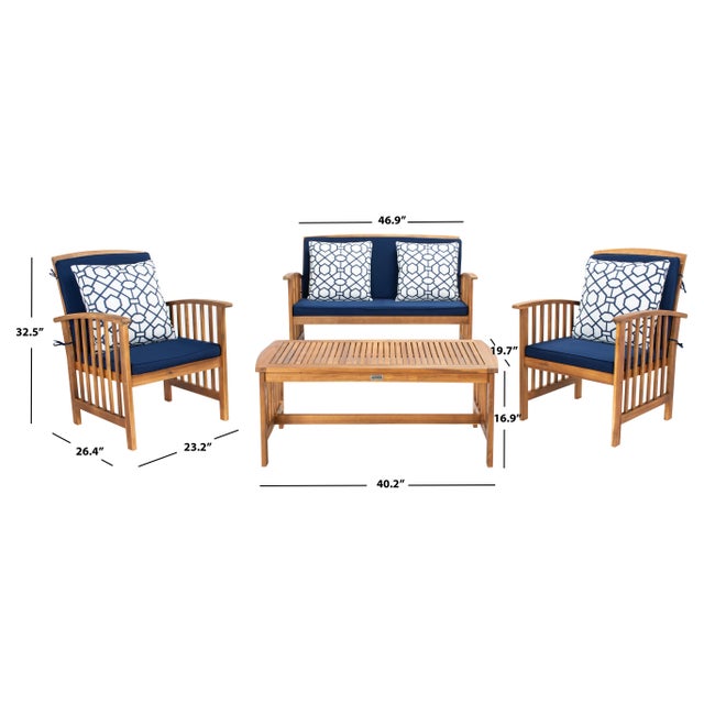 Transitional Rocklin 4-Piece Outdoor Set, Natural/Navy Cushion With Blue & White Mosaic Pillows For Sale - Image 3 of 9