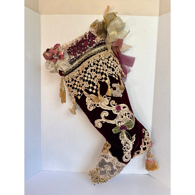 Victorian Style Burgundy Velvet Christmas Stocking With Cherub, Lace & Tassels For Sale - Image 12 of 14