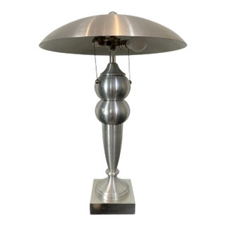 Mid-Century Modern Brushed Aluminum Lamp and Shade With Lucite Finial, French For Sale
