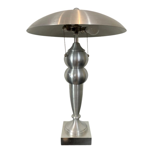 Mid-Century Modern Brushed Aluminum Lamp and Shade With Lucite Finial, French For Sale