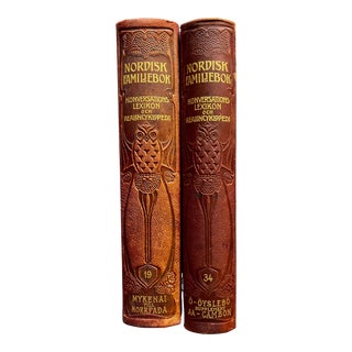 Swedish Books Encyclopedia Set of 2 | Nordisk Familjebok Copyright 1922 Aa-Cambon Owl Edition With Art Nouveau Banding For Sale