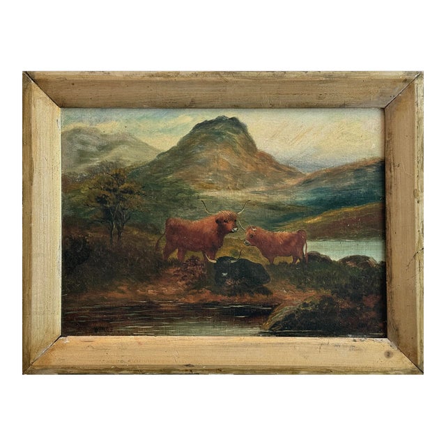 Antique Scottish Highland Romanticism Mountainous Landscape With Highland Cattle, Signed (Oil on Canvas) For Sale