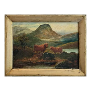 Antique Scottish Highland Romanticism Mountainous Landscape With Highland Cattle, Signed (Oil on Canvas)