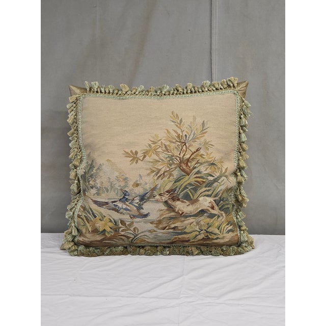 Textile Pair of Antique French Hunt Scene Tapestry Panels Remade Into Down Pillows For Sale - Image 7 of 13