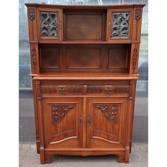 Antique German Art Nouveau Buffet in Walnut with Leaded Glass, 1890s For Sale - Image 11 of 11