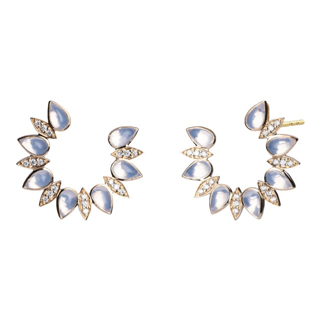 Syna Yellow Gold Moon Quartz Earrings with Diamonds, a Pair For Sale