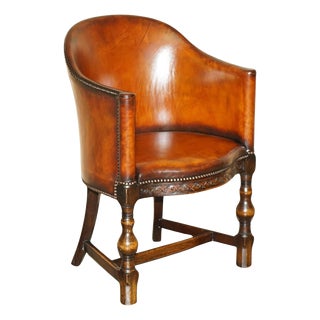 Edwardian Captains Office Chair in Brown Leather and Carved English Oak, 1910 For Sale