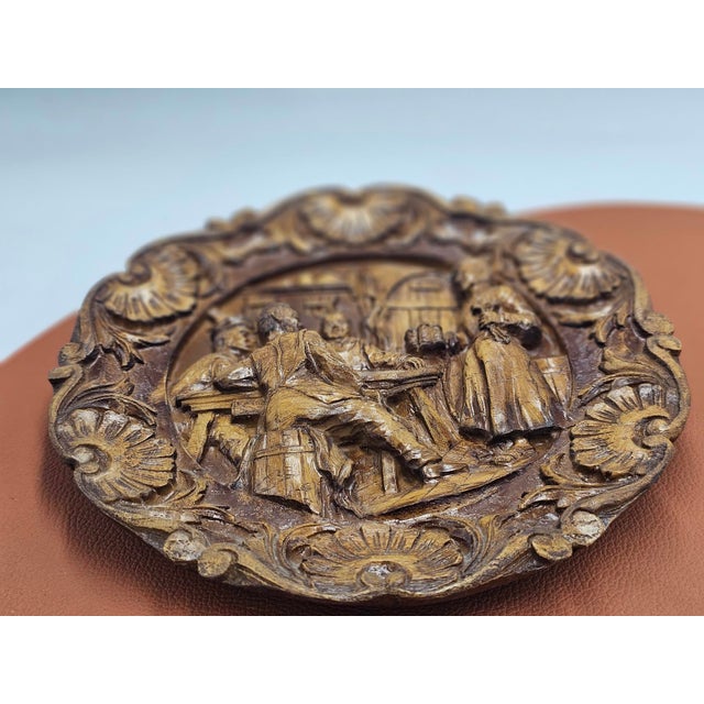 Wooden carved bas-relief, beer tavern, 1960s, dimensions: diameter 24 cm, depth 2.8 cm.