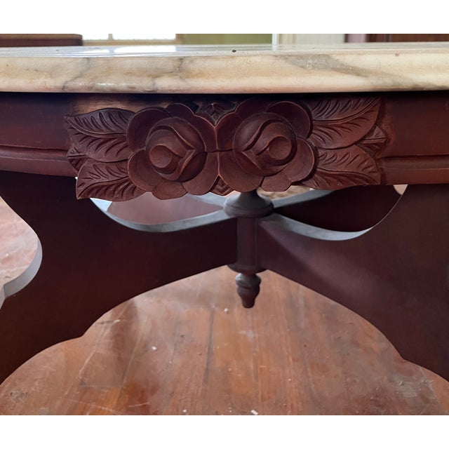 Off-white Mid 20th Century French Provincial Style Oval Marble-Top Coffee Table | Italian Marble | Carved Rose Appliqué | X-Stretcher Base For Sale - Image 8 of 12