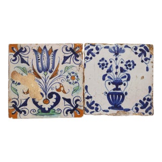 17th-18th Century Set of Two Delft Tiles, Earthenware For Sale