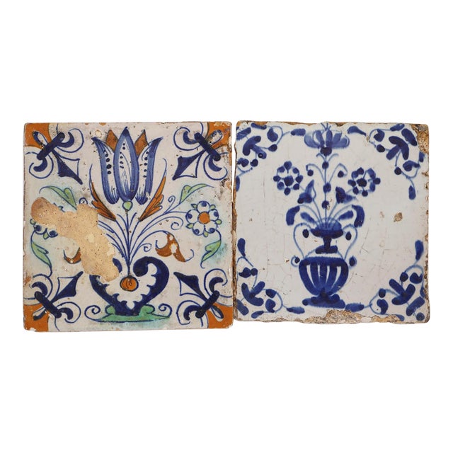 17th-18th Century Set of Two Delft Tiles, Earthenware For Sale