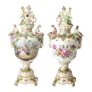 Large Pair Antique Dresden Porcelain Three-Part Lidded Vases / Figural Handles For Sale