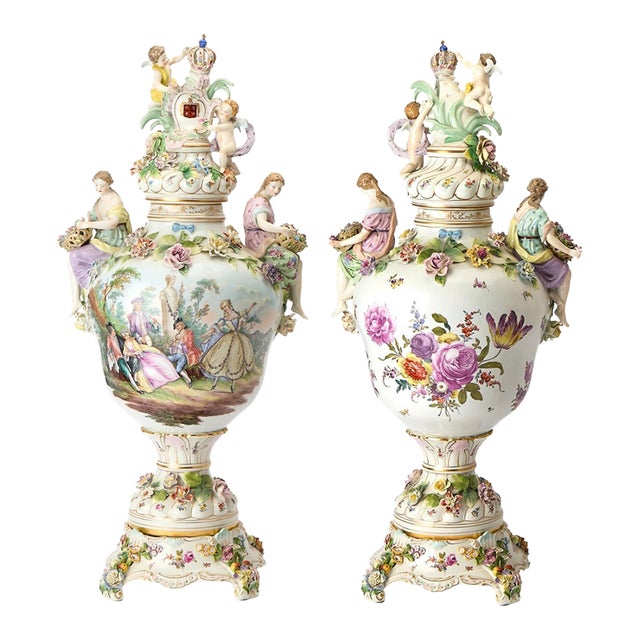 Large Pair Antique Dresden Porcelain Three-Part Lidded Vases / Figural Handles For Sale