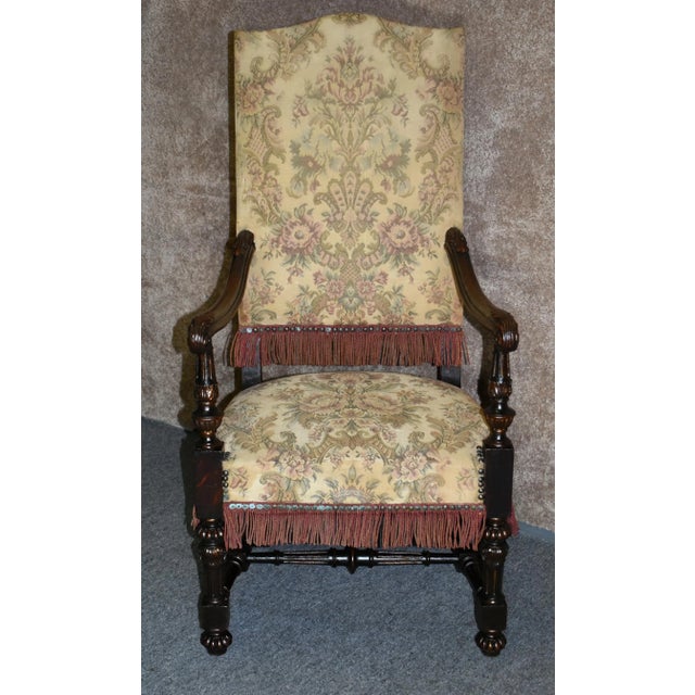 1920s Antique Carved Oak Armchair Tudor Jacobean Style High Back Tapestry Fringe 1920s For Sale - Image 5 of 13
