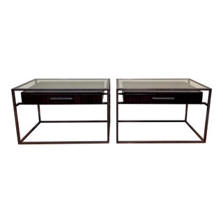 Restoration Hardware Industrial Glass-Top Nightstands, Herringbone Wood Inlay – Pair For Sale