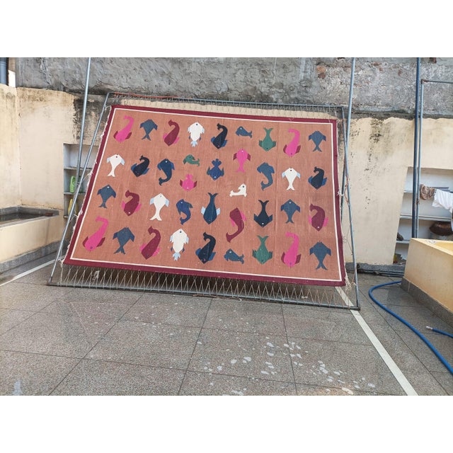 Handmade Cotton Vegetable Dyed Flat Weave Area Rug, Tan, Red Fish Patterned Dhurrie - 9'x12' For Sale - Image 14 of 16