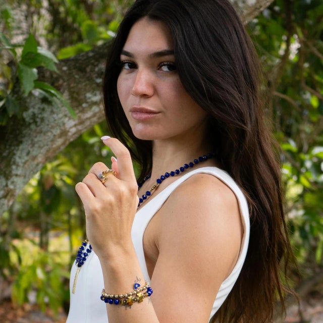 Contemporary Deep Love Blue Crystal & Heart Charm Gold Bracelet Set For Sale - Image 3 of 8