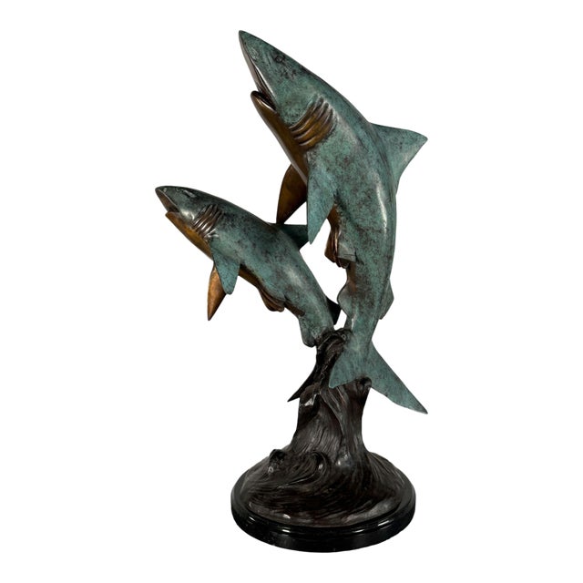 Breaching Sharks, Bronze on Marble - 24"h For Sale