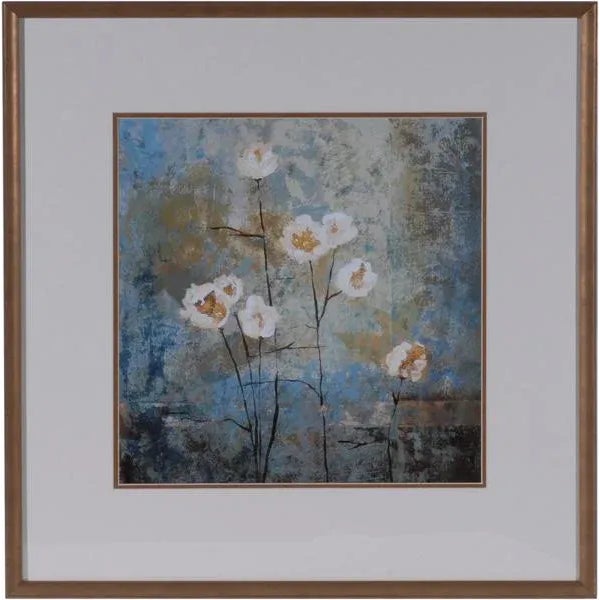Framed and matted lithograph entitled Textures IV featuring floral design with blue background under glass with a black...