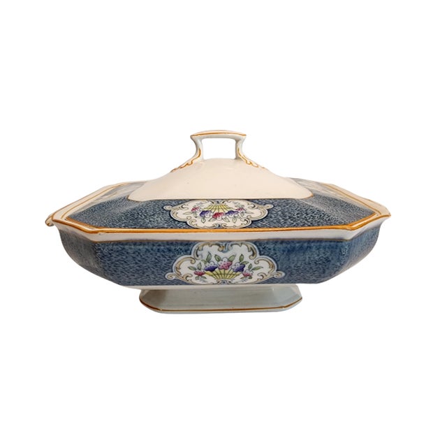 Antique J & G Meakin Newark Soup Tureen & Bowl Set – Blue Floral & Gold Trim- 7 Pieces For Sale - Image 9 of 9