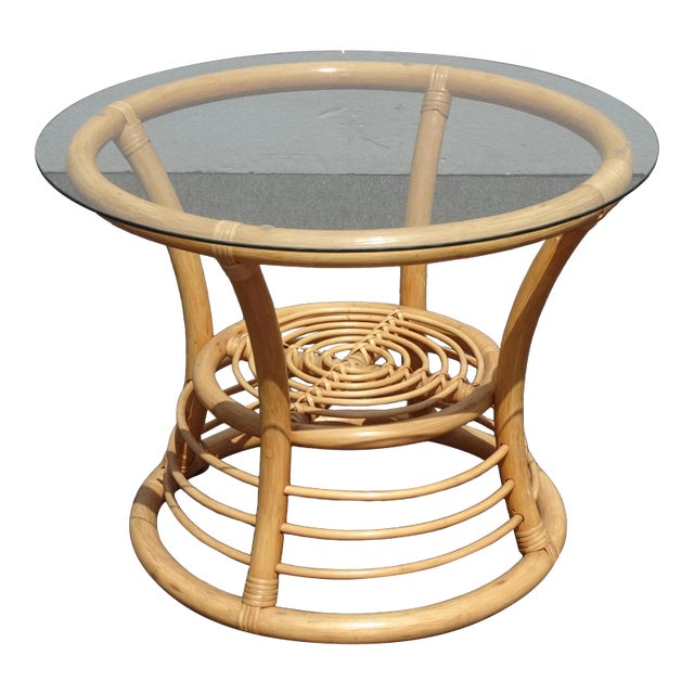 Vintage Coastal Tiki Palm Beach Style Bamboo Rattan End Table Side Table For Sale