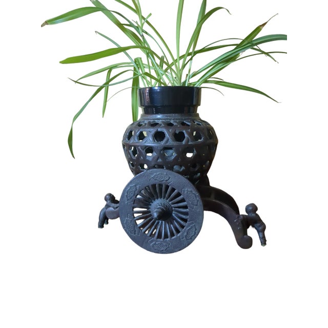 Japanese Vintage Japanese Cast Iron Planter on Wheeled Cart For Sale - Image 3 of 10