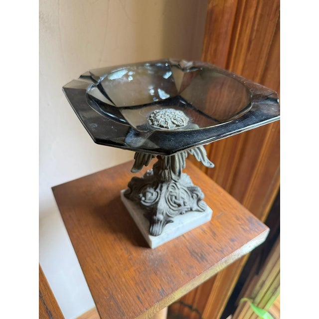 1950s Hollywood Regency Pedestal Centerpiece Bowl, Smoky Glass Ashtray on Marble Base For Sale - Image 9 of 9