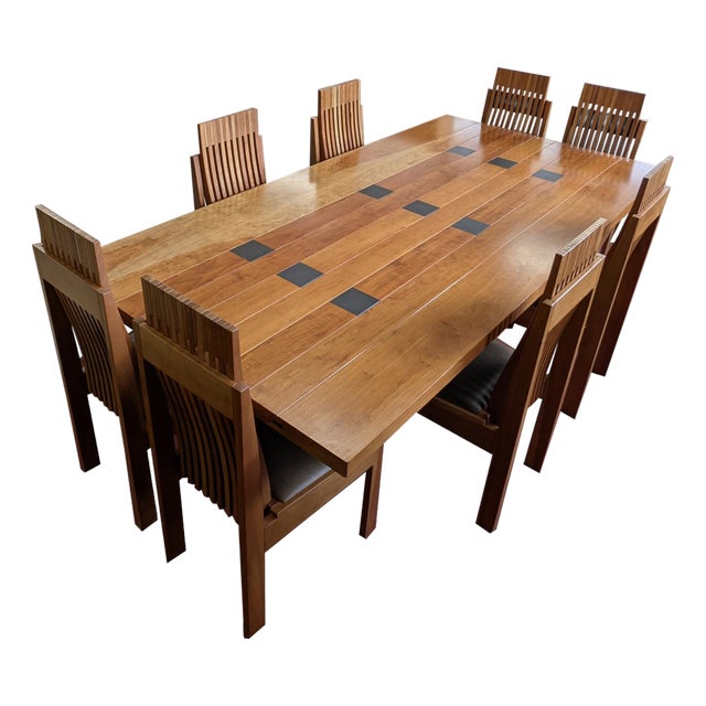 Late 20th Century Monumental Studio Crafted Dining Table & 8 Chairs, Cherry Wood & Tile For Sale