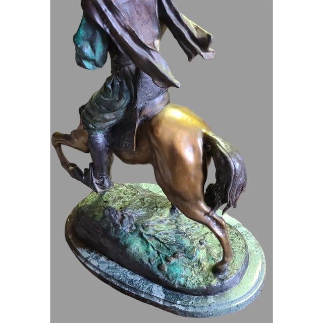 Vintage Barye Attributed "Arab Worrier on Horse" Bronze Sculpture Marble Base 30'' High For Sale - Image 10 of 12