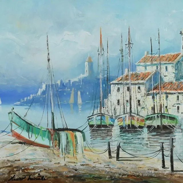 This painting by Xavier Miranda depicts a peaceful and charming coastal scene. In the foreground, several colorful boats...
