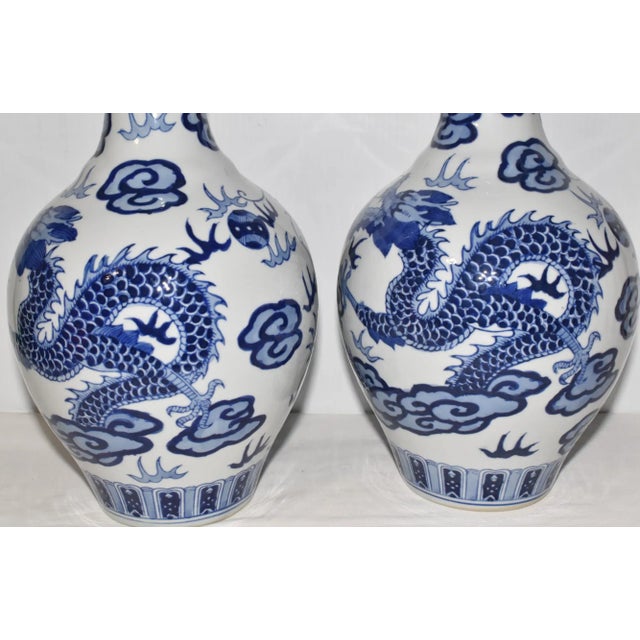 Late 20th Century Vintage Chinese Cobalt Blue Dragon Vases Set of 2 Large Hand Painted Vases For Sale In Dallas - Image 6 of 9