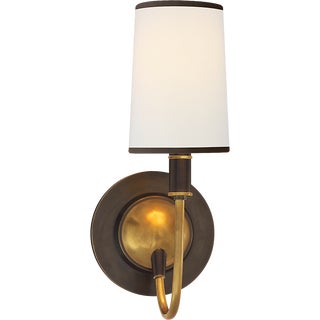 Thomas O'Brien for Visual Comfort Signature Elkins Sconce in Bronze and Hand-Rubbed Antique Brass with Linen Shade with Black Trim For Sale