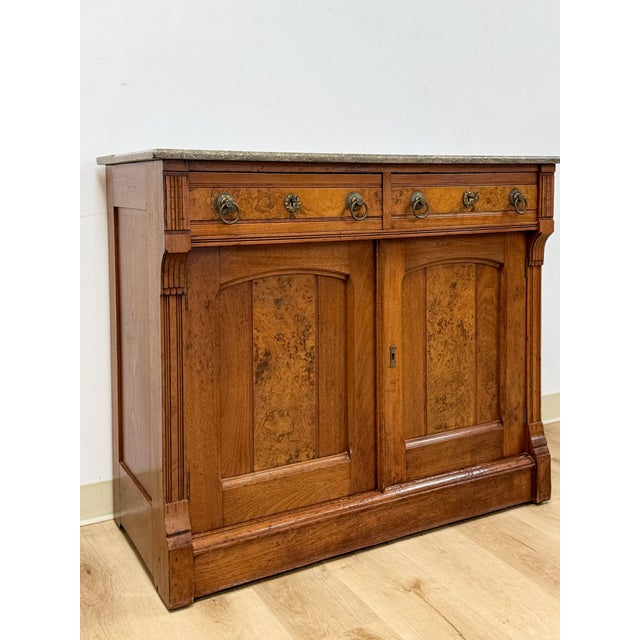 Antique French Provincial Marble Burlwood Buffet 2 Drawer Locking Cabinet For Sale - Image 11 of 18